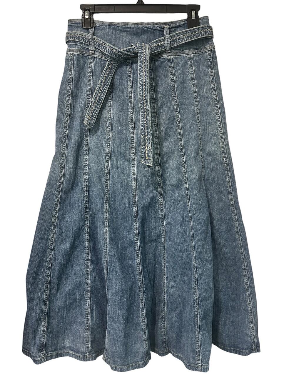 Junee Denim Maxi Skirt Y2K Boho Blue A Line Paneled Tie Belt  Cowgirl Chic MED